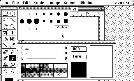 Photoshop allowed you to select brush color as well as size and texture. (The first color Mac was the Macintosh II in 1987.)