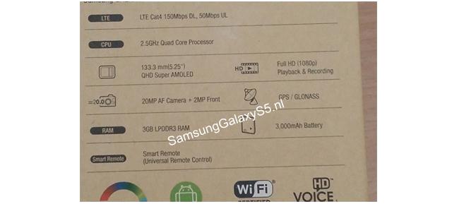 У мережі з’явилося фото упаковки Samsung Galaxy S5 зі специфікаціями